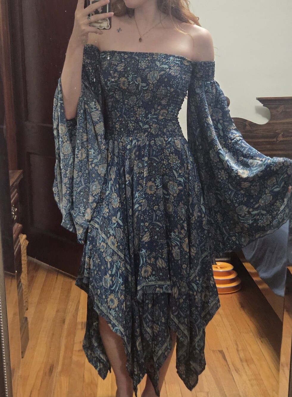 Off-Shoulder Blue Floral Boho Dress